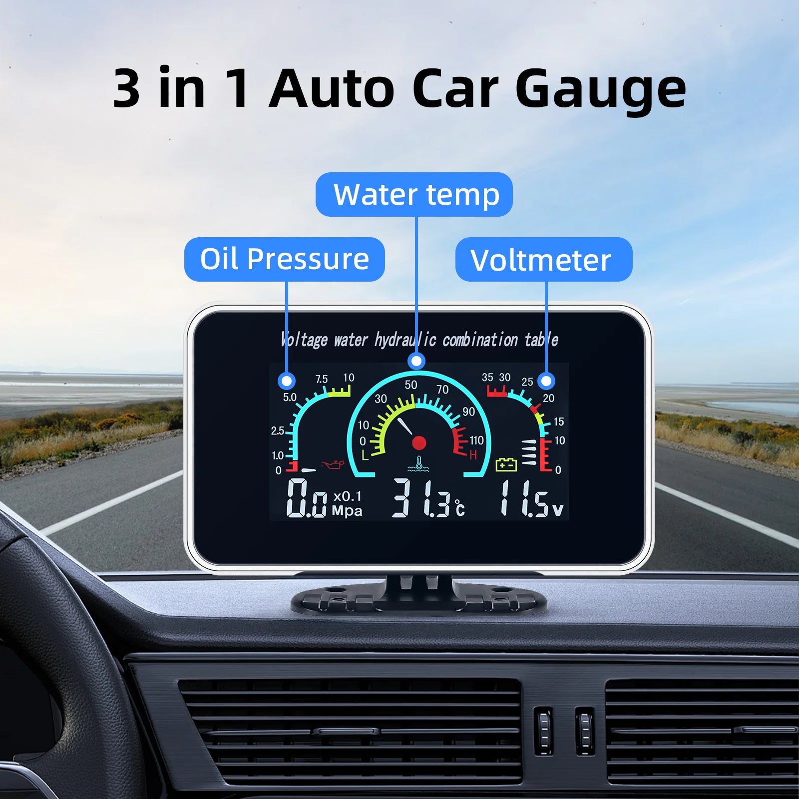 3 in 1 Car LCD Digital Gauge | Voltmeter Oil Pressure Water Temp 12-24V detail view