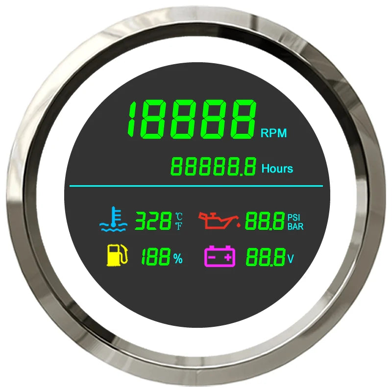 85mm 6 in 1 LCD MultiFunction Gauge | Tachometer Fuel Level Water Temp Oil Pressure Vo close-up view