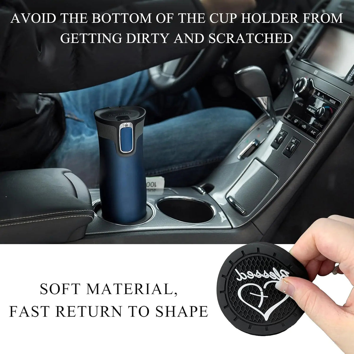 2 PCS Car Cup Holder Coasters, 2.76 Inch Anti Slip Vehicle Drink Mats with Cute Blessed Cross and Heart, Shockproof, Universal C