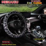 3 Set Winter Plush Printed Leopard Print Car Rimless Steering Wheel Cover, Handbrake alternate view
