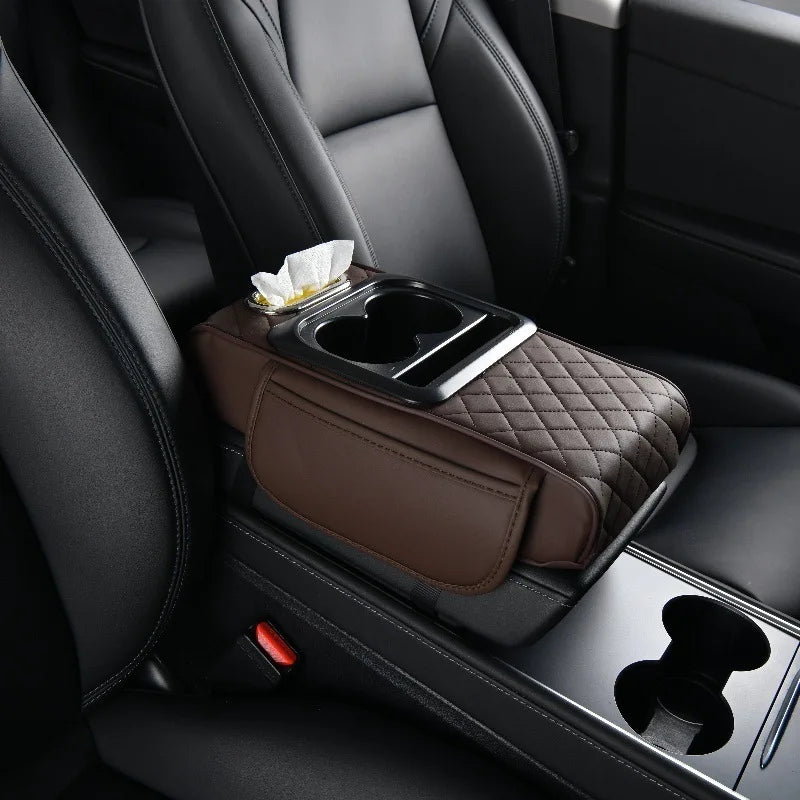 Car Armrest Box 5in1 Car Tissue Box Water Cup Holder Multifunctional Storage Bag Thicken Height Pad Arm Rest Cushion with Pocket