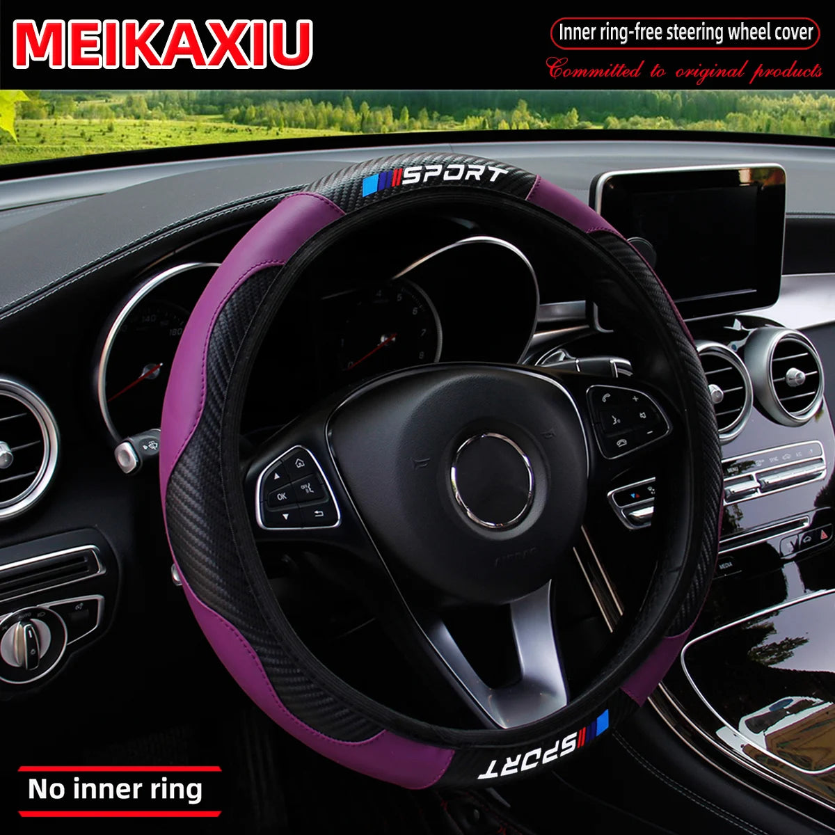 Carbon Fiber Leather Steering Wheel Cover 14.5-15 Inch close-up view