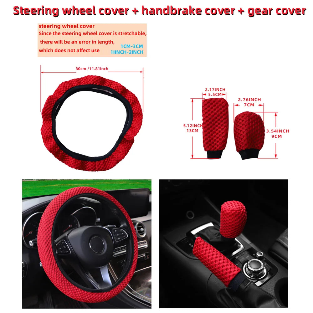 3 Car Massage Mesh Cloth Steering Wheel Cover Handbrake & Handle Cover Set Breathab additional angle