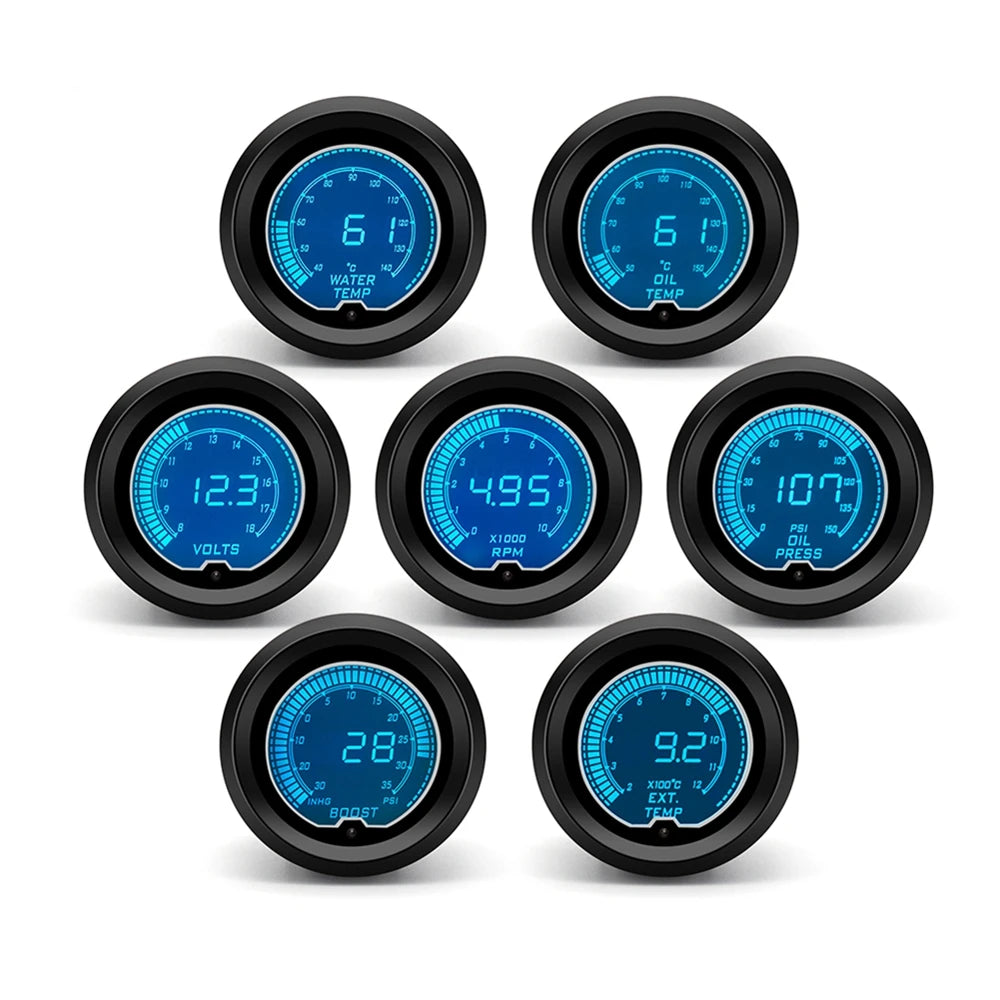 52mm Car Gauge Set | 7 Color LCD Digital Display Tachometer Boost Water Temp Oil Temp Oil Pressure E