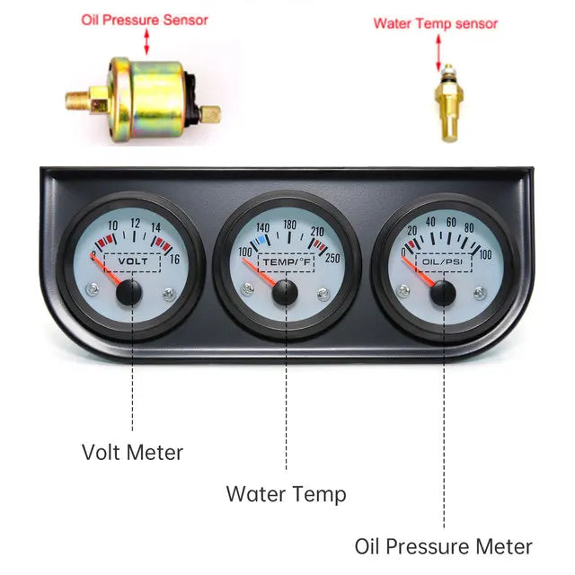 52MM 3 In 1 Oil Pressure Gauge, Volt Meter, and Water Temp Gauge Kit | Triple Meter for detail view