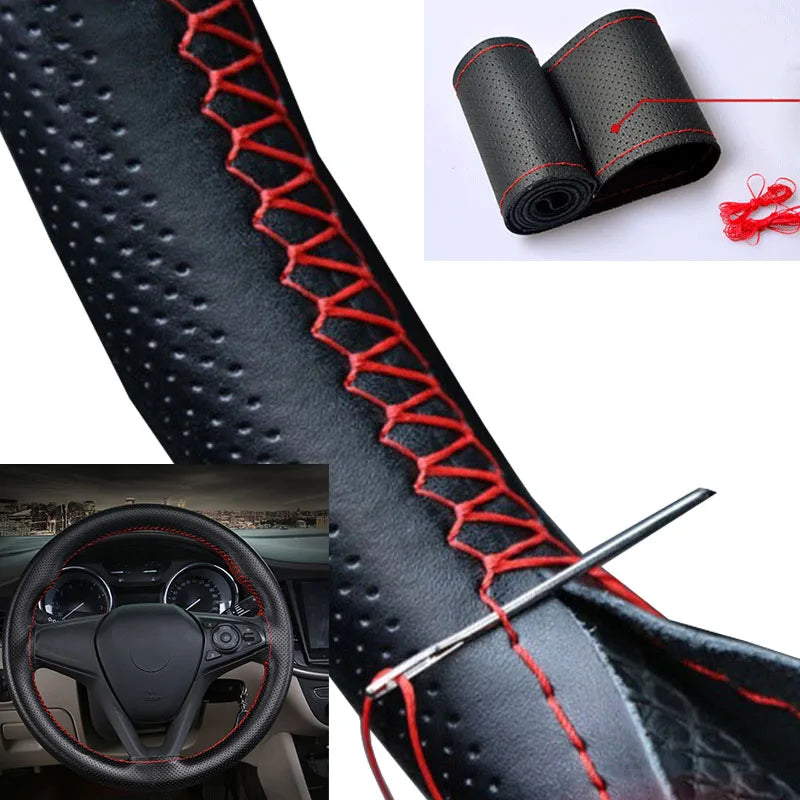 Car Steering Wheel Cover Needles And Braid Thread Artificial Leather Car Covers Suite 3 Color DIY Te