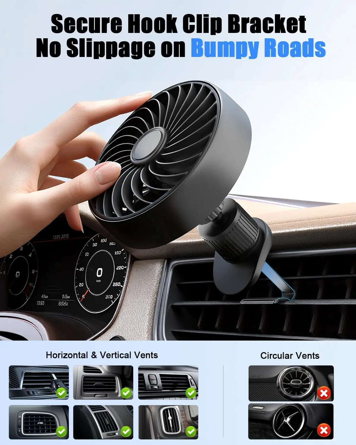 USB Car Vent Fan With Hooked Bracket: 5V/1A Portable Cooling Clip Fans For Car Air Vent Powerful 3 Speeds Quiet Brushless Motor