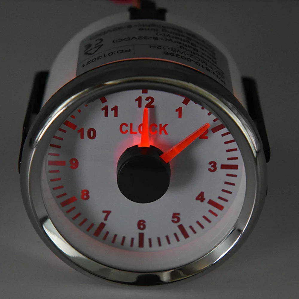 0-12 Hours 52mm Hour Meter Gauge with Red Backlight | 9-32V Clock for Car Boat RV close-up view