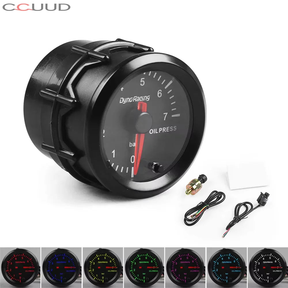 Dynoracing 2 Inch 52mm 7 Color Oil Pressure Gauge | 0-7 BAR with Sensor and Stepper Motor