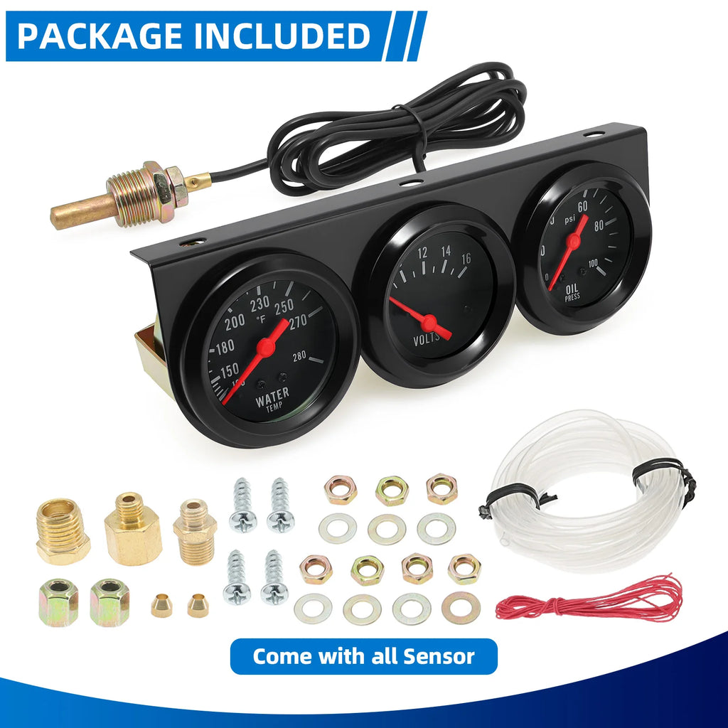 3 in 1 Car Meter Kit 52mm Voltmeter Water Temp Oil Press Black Chrome Bezel Triple additional angle