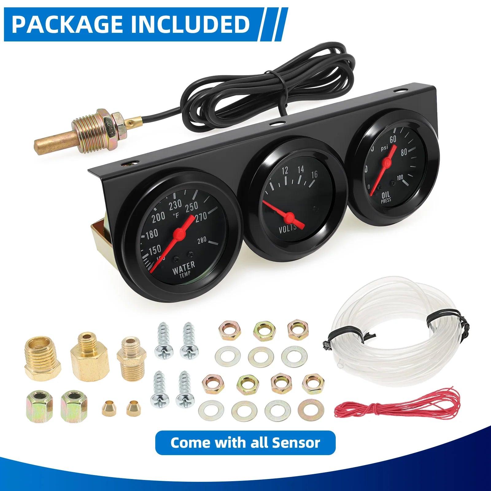 3 in 1 Car Meter Kit 52mm Voltmeter Water Temp Oil Press Black Chrome Bezel Triple additional angle