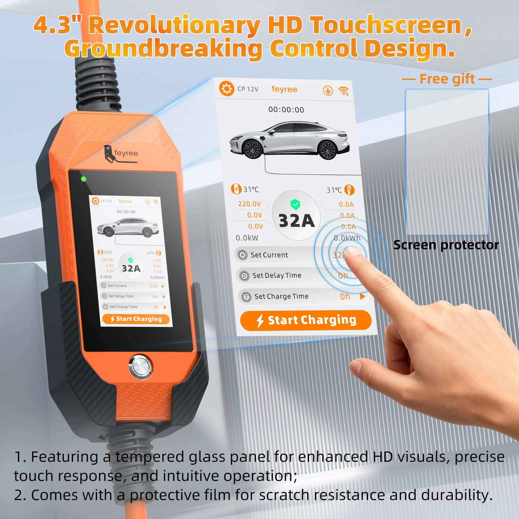 feyree 4.3 Inch Touch Screen Portable EV Charger | 7kW 32A Smart WiFi for Tesla alternate view