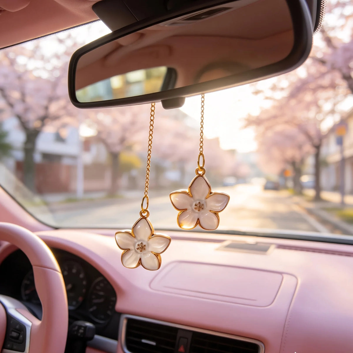 Cute Car Rearview Mirror Pendant Four-Leaf Clover Chain Hanging Ornament Car Interior Accessories Women's Gift