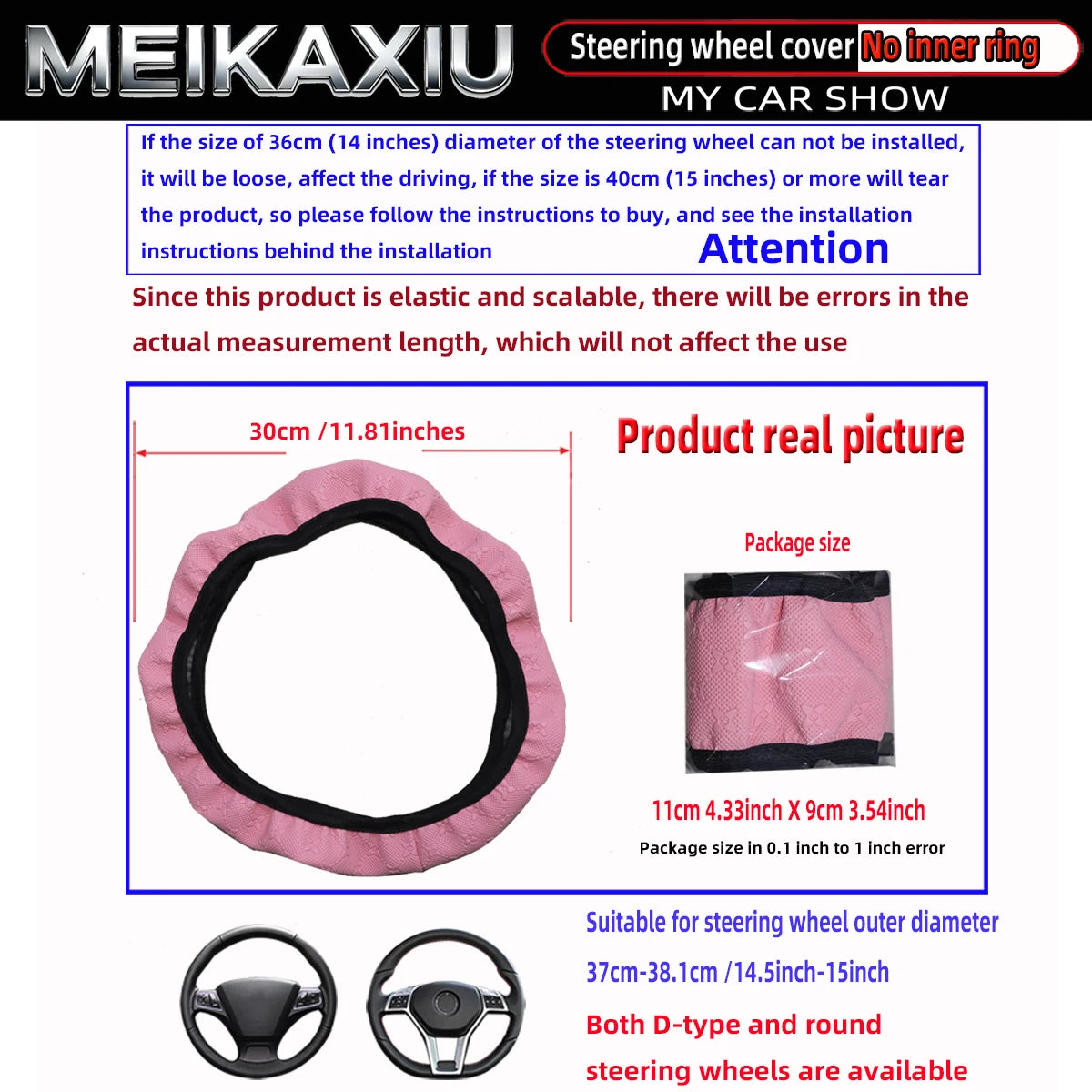 Women's Star-Embossed 3D PU Leather Car Steering Wheel Cover Rimless Auto Accessory C alternate view