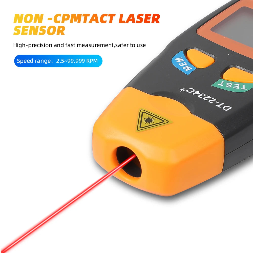 Kebidumei DT2234C+ Digital Laser Tachometer | Non-Contact RPM Meter Up to 99,999 RPM close-up view