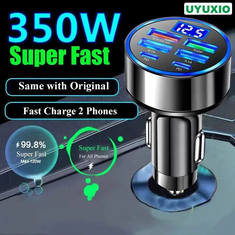 UYUXIO 130W GaN USB C Car Charger | 6 in 1 Fast Charging Adapter with Voltage Display