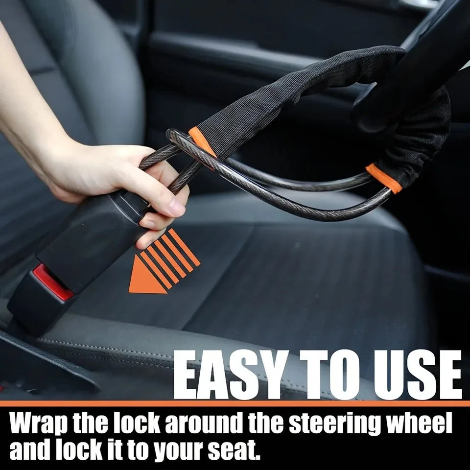 KEBIDUMEI Car Anti-Theft Seat Belt Lock Steering Wheel Lock Reinforced Steel Cable Loc close-up view