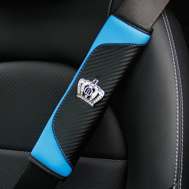 Diamond-Encrusted PU Carbon Fiber Leather Crown Car Shoulder Guard Safety Belt Decorat close-up view
