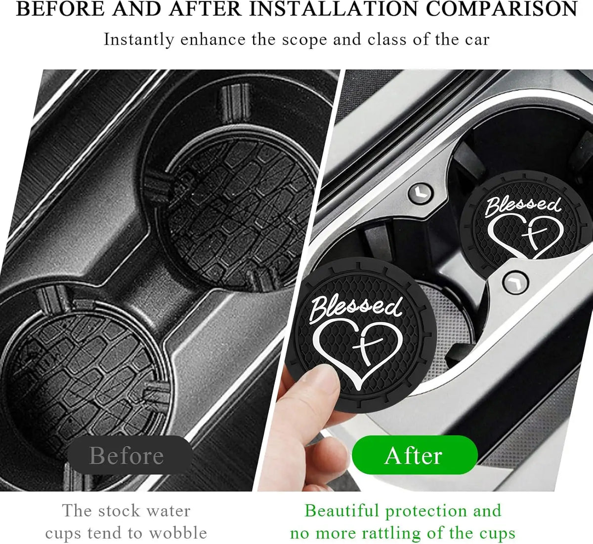 2 PCS Car Cup Holder Coasters, 2.76 Inch Anti Slip Vehicle Drink Mats with Cute Blessed Cross and Heart, Shockproof, Universal C