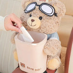 Car Tissue Box Holder Vehicle Plush Trash Can 2-in-1 Waterproof Plush Cartoon Bear Tis close-up view
