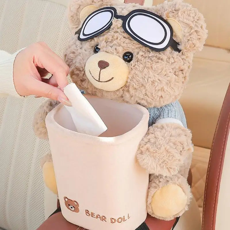 Car Tissue Box Holder Vehicle Plush Trash Can 2-in-1 Waterproof Plush Cartoon Bear Tis close-up view