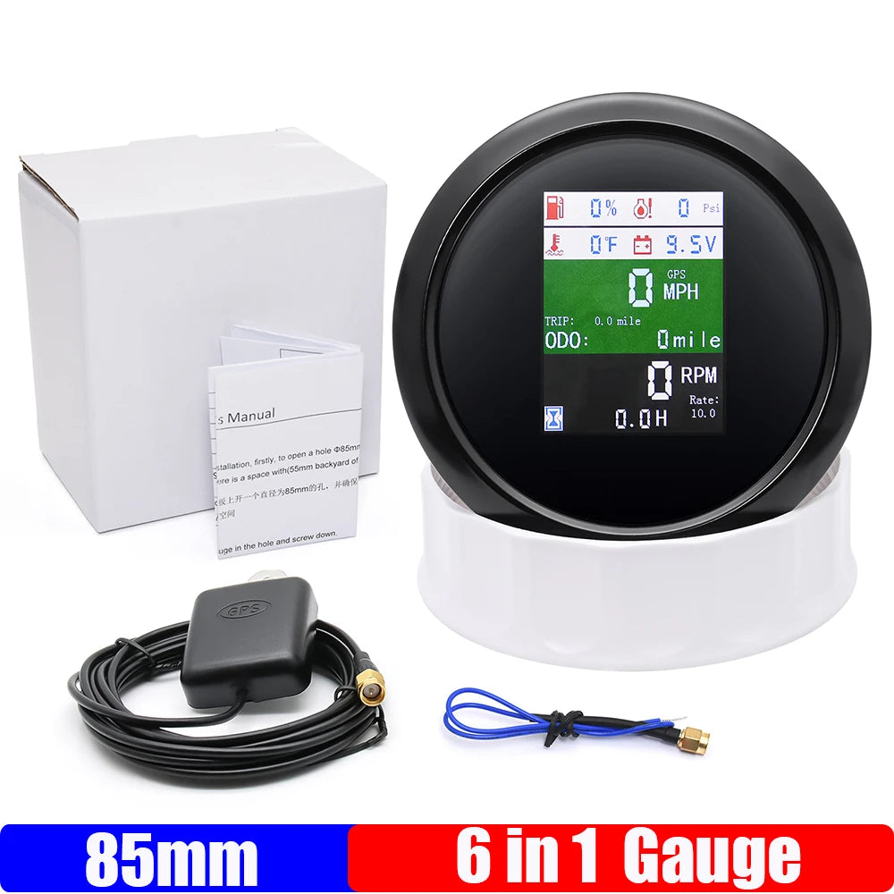 6 In 1 85mm Gauge GPS Speedometer+Tachometer+Fuel Level Gauge+Oil Pressure+Water Temp+Voltage for Car Boat Marine 12V24V Custom