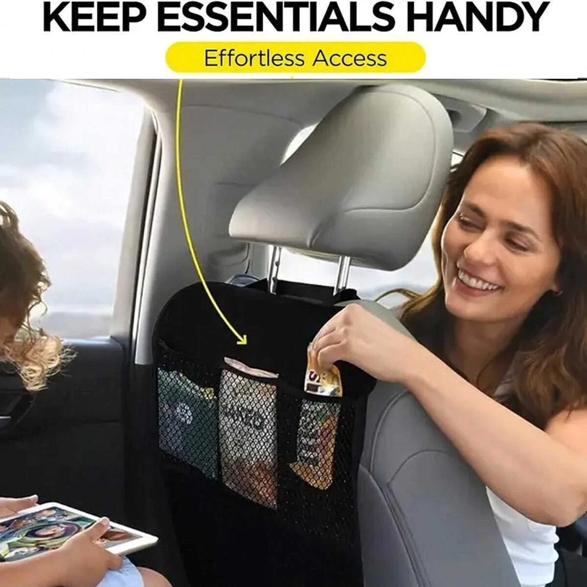 Car rear seat storage case with 3 storage pockets, oversized waterproof rear seat protec detail view