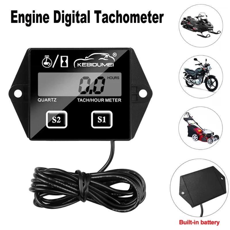 Digital Engine Tachometer and Hour Meter | LCD Display for Motorcycle, Marine, Chainsaw, Pit Bike, B