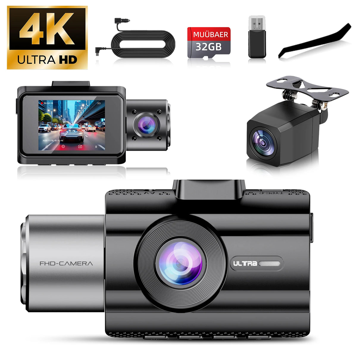 Dash Cam for Cars 3 Channel Car DVR 4K Camera Video Recorder Front and Rear Inside View Camera for Vehicle Three Way Dashcam