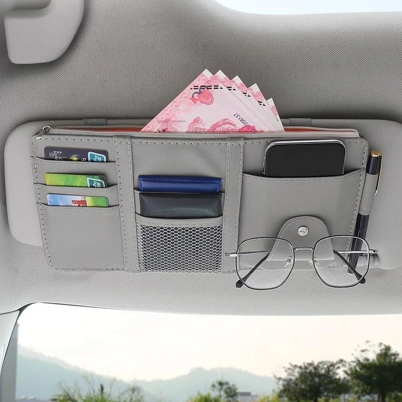 Car Sun Visor Organizer – Zippered Storage Pouch with Sunglasses Clip, Card & Ticket Holder (4 Color