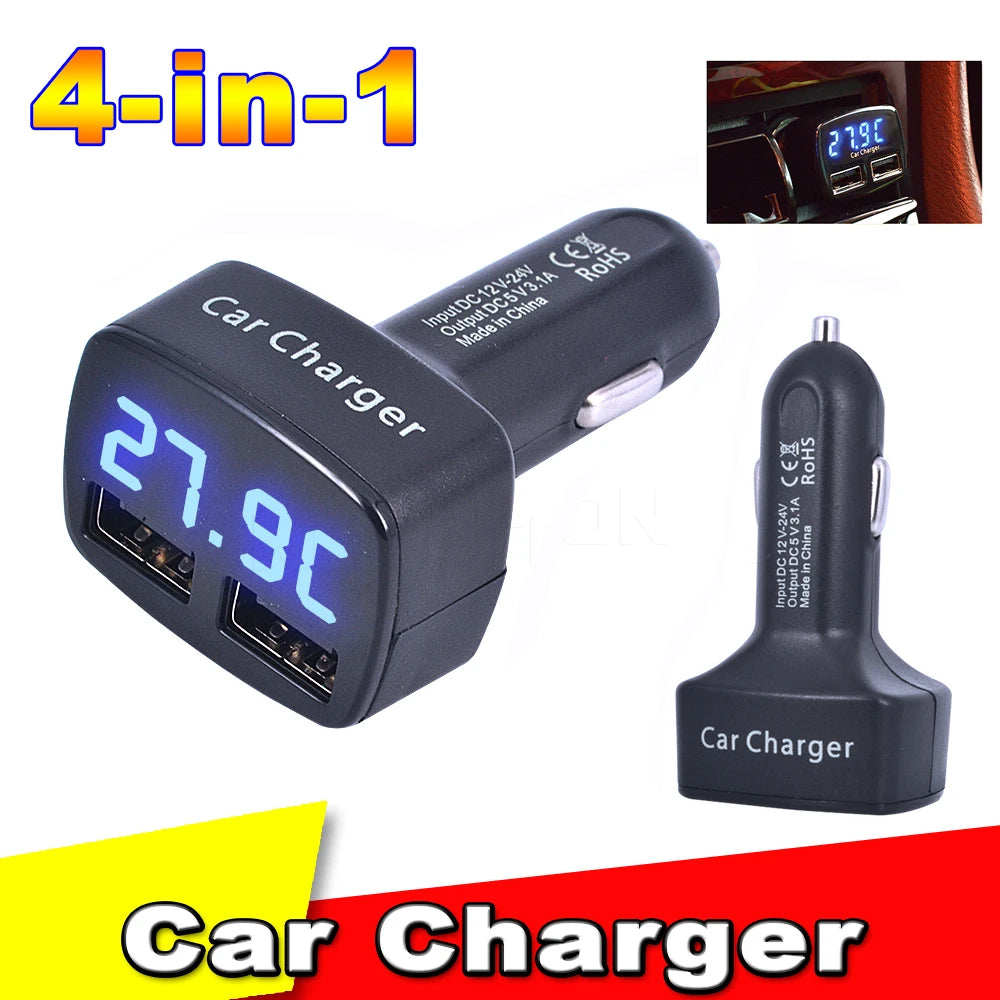 3.1A Dual USB LCD Display 4 in 1 Car Charger | Quick Charge with Temperature, Voltage, and Current M