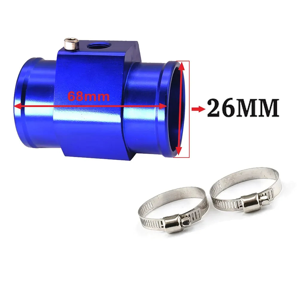 Blue and Black Aluminum Water Temp Gauge Adapter | 26-40mm Radiator Hose Sensor Pipe f close-up view