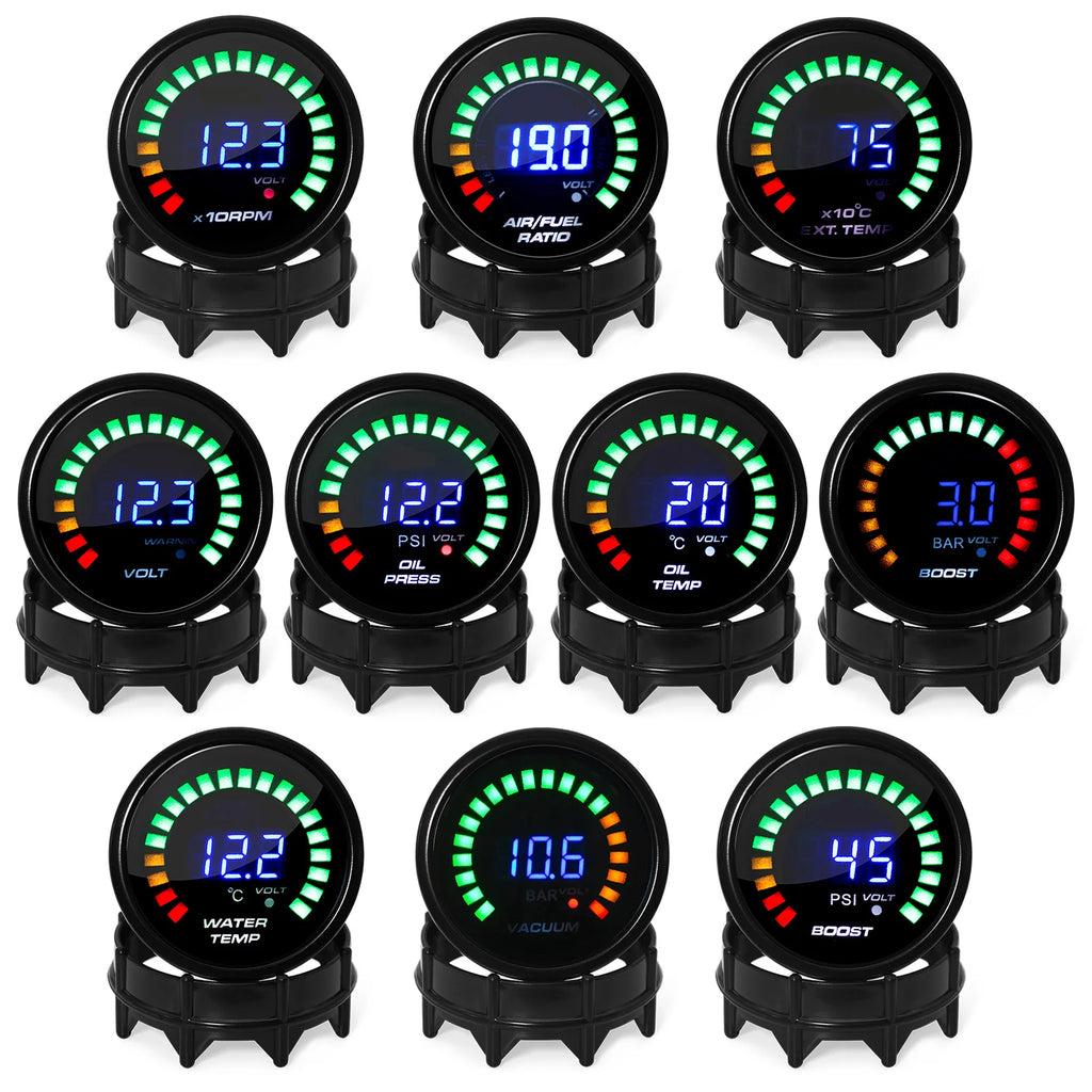 2inch 52MM Digital 20 LED tachometer Boost bar psi Vacuum Water temp Oil temp press Voltmeter Air/fuel ratio EGT temp RPM Gauge