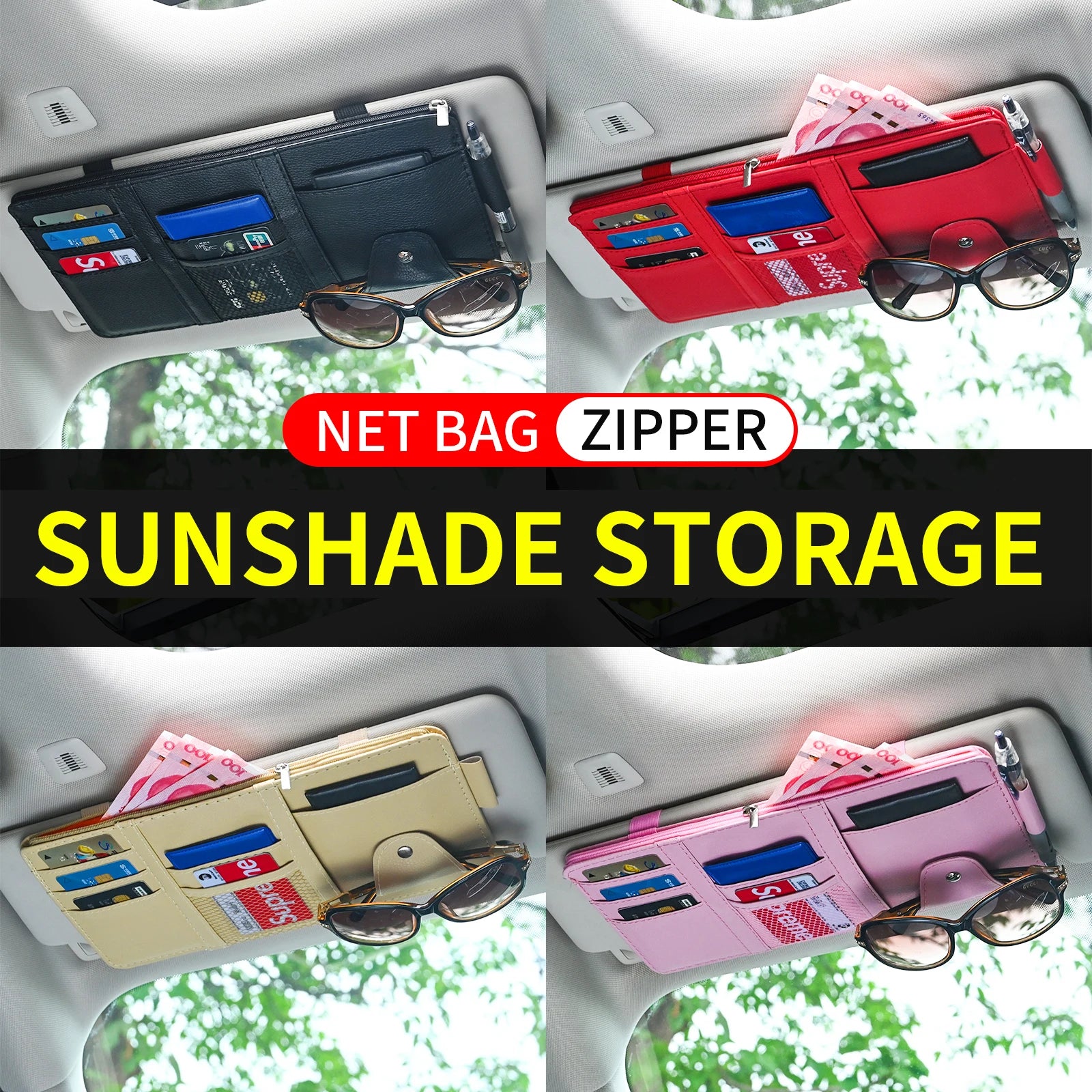 JFBONIN Car Sun Visor Organizer Storage Box with Sunglasses Clip Business Card Holder Bill Pen Holde