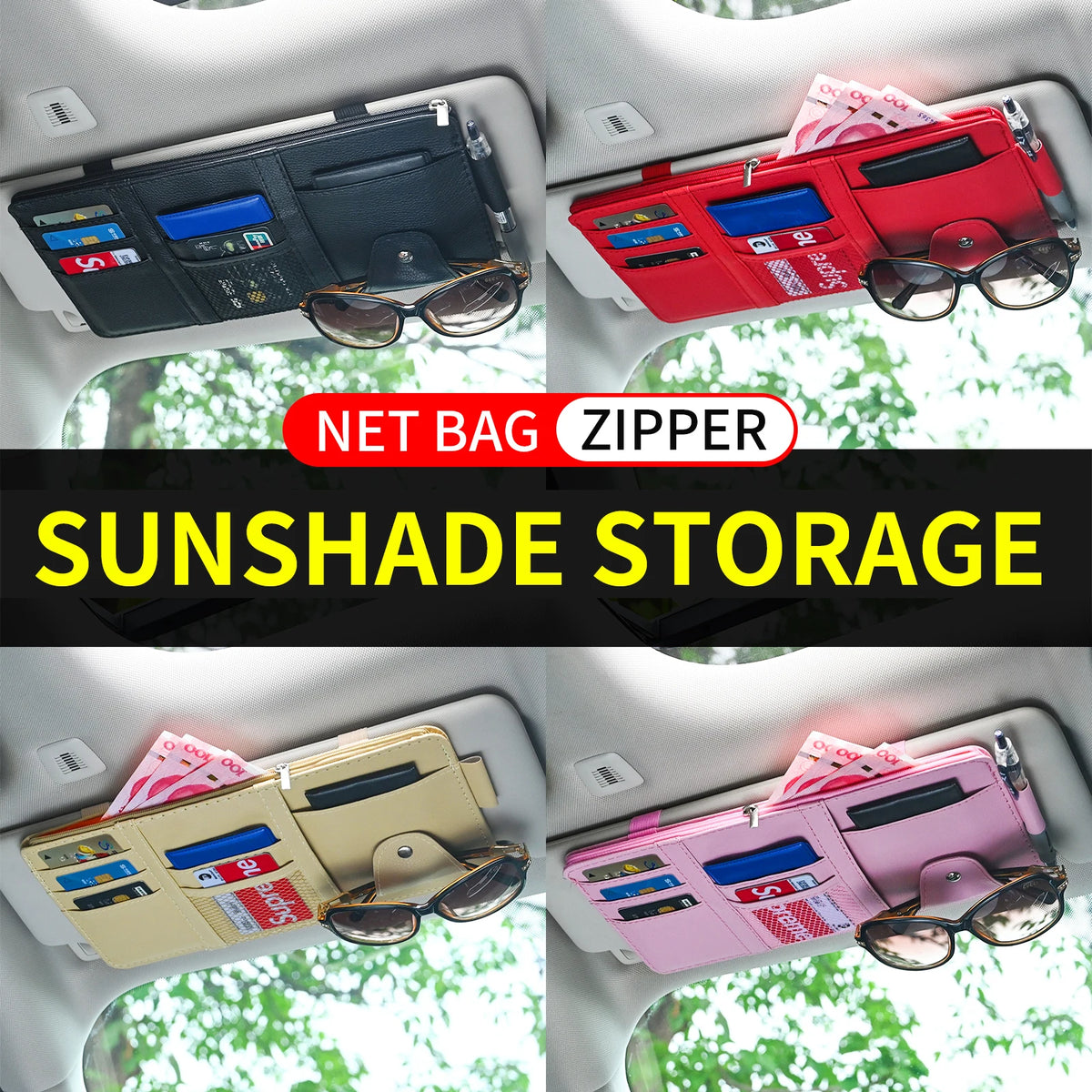 JFBONIN Car Sun Visor Organizer Storage Box with Sunglasses Clip Business Card Holder Bill Pen Holde