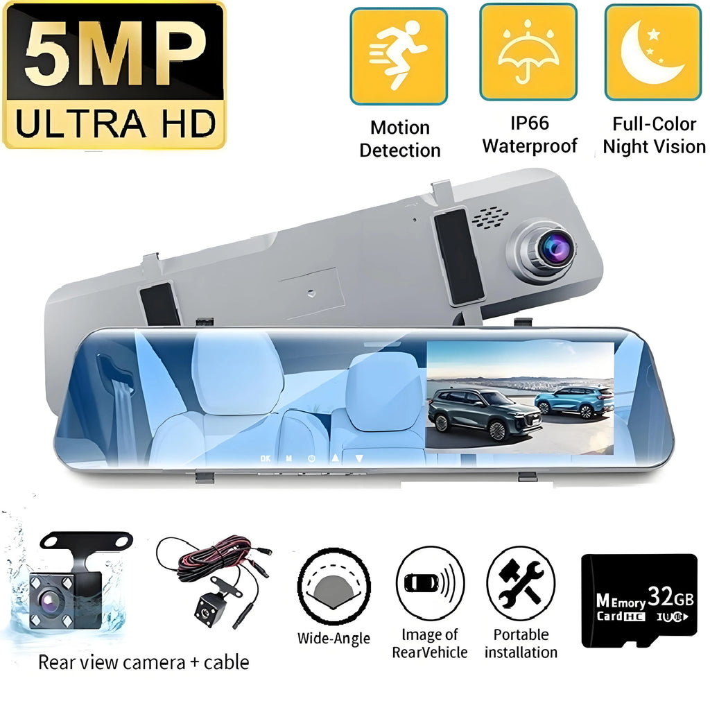 12" Rearview Mirror Dash Cam | 5MP, Dual Lens, Night Vision, Wide Angle