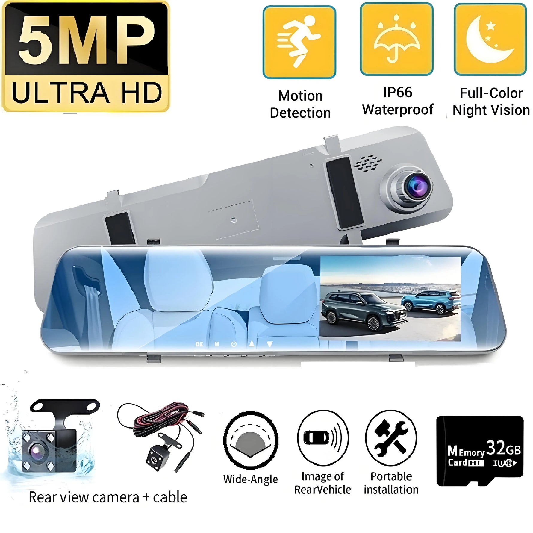 12" Rearview Mirror Dash Cam | 5MP, Dual Lens, Night Vision, Wide Angle