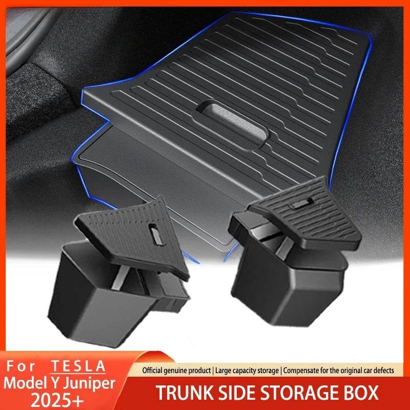 Tesla Model Y Juniper 2025-2026 Trunk Side Storage Box – TPE Rear Organizer with Flocking Mat & Part